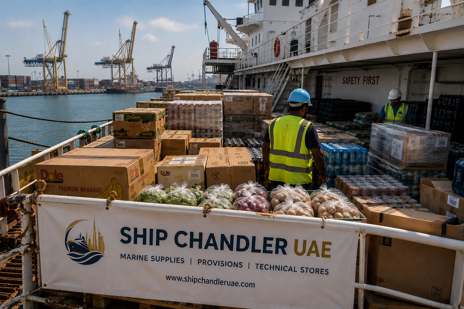 Ship Chandler UAE loading fresh provisions and marine supplies at a UAE port